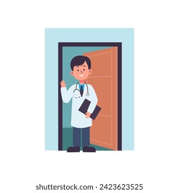 Doctor standing at door room for leaving room flat illustration at hospital clinic healthcare medical