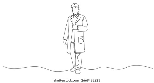 Doutor em pé desenhado com uma linha editável contínua, ilustração Vetor.