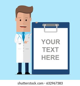 The doctor is standing at the empty clipboard pointing at it with his finger