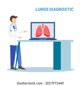 A doctor standing and explain about lungs on screen that placed on a table, medical check up, lunges care concept