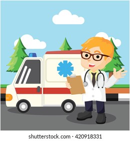 the doctor standing in front of ambulance cartoon illustration