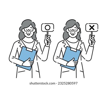 A doctor standing up front, holding O and X cards and explaining.