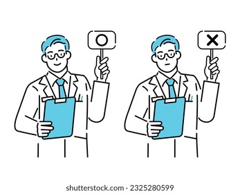 A doctor standing up front, holding O and X cards and explaining.