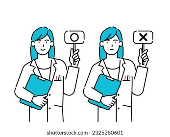 A doctor standing up front, holding O and X cards and explaining.