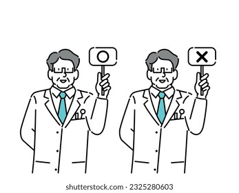 A doctor standing up front, holding O and X cards and explaining.