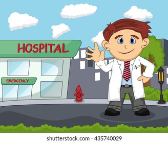 A doctor standing in front of hospital with city background cartoon vector illustration