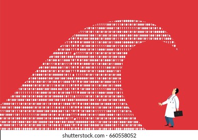 Doctor Standing In Front Of A Tsunami Wave Of Computer Code, Representing A Big Data In Healthcare, EPS 8 Vector Illustration 