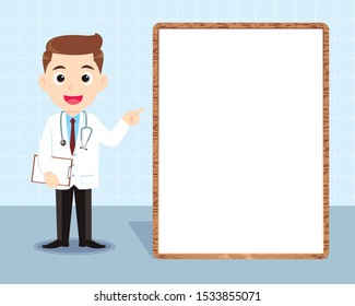 Doctor standing in front of visual white board giving advise to patient. Idea for doctor advise, medical healthcare vector illustration isolated cartoon background