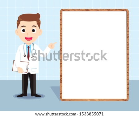 Doctor standing in front of visual white board giving advise to patient. Idea for doctor advise, medical healthcare vector illustration isolated cartoon background
