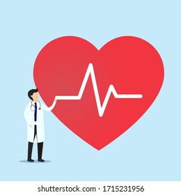 Doctor Standing With Heart With With EKG Waves. Doctor With Heart Beat Rate.Health Concept. Vector, Illustration, Esp, Flat Design. 