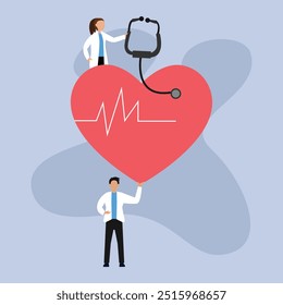 Médico parado con el corazón con las ondas del EKG. Médico con frecuencia cardíaca Ilustración vectorial plana 2d