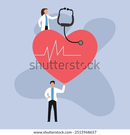 Doctor standing with heart with with EKG waves. Doctor with heart beat rate 2d flat vector illustration