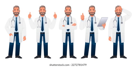 Doctor is standing with his arms crossed, thinking about something, in sadness, with a tablet in his hand, a gesture of approval. A bearded white man in a white coat stands in different poses. 