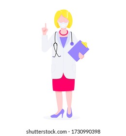 Doctor standing and hold clipboard and stethoscope with index finger flat style design vector illustration isolated on white background. Medical center hospital employee.