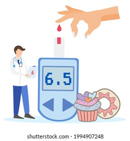 A doctor standing holding document board next to capillary blood glucose test and dessert doughnut and cupcake , and hand with blood drop, glucose level control concept