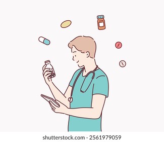 doctor standing and holding pill bottle. Hand drawn style vector design illustrations.