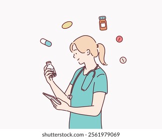 doctor standing and holding pill bottle. Hand drawn style vector design illustrations.