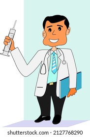 Doctor standing holding syringes and medical stuff. Flat illustration, cartoon illustration, vector concept, web banner, poster design isolated on white background.