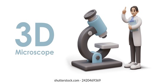 Doctor standing with index finger raised near realistic microscope