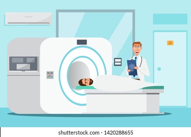 doctor standing and man lying down for x-ray with MRI scanner machine. Vector illustration in a flat style cartoon character