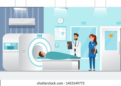 doctor standing and man lying down for x-ray with MRI scanner machine. Vector illustration in a flat style cartoon character