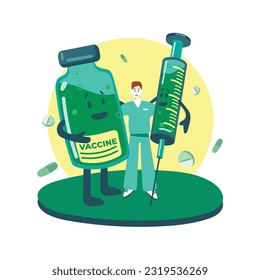 Doctor standing near cartoon big bottle with vaccine and syringe. Immune system health. Time to get vaccinated against disease. Protection from epidemic outbreak. Vector flat illustration