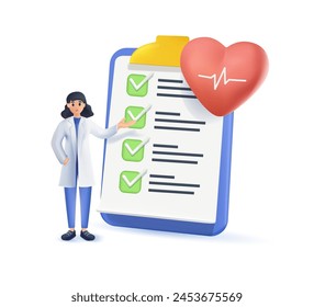 Doctor standing near clipboard, consulting on health. Physicians set, showing medical documents, prescription papers, checkup notes, speaking. 3D vector illustration isolated on white background