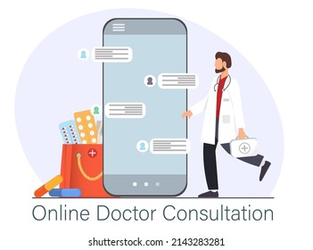 Doctor standing near the mobile phone, online consultation doctor concept, online medicine and healthcare application for website, medical diagnostics over the Internet, flat vector design.