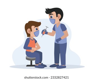 Doctor standing near patient, doing injection. Doctors fight virus with vaccinations and immunizations. Flat vector illustration in blue and green colors with cartoon