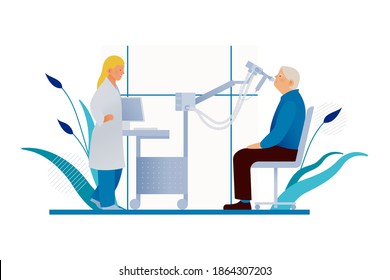 Doctor Standing near Pulmonary Testing System. Plethysmography on Senior Patient in Medical Office or Laboratory. Respiratory Diseases. Modern Flat Vector Illustration. Lung Function Test on Patient.