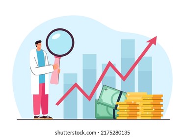 Doctor standing next to statistics with upward arrow. Growing bar graph, stacks of coins and banknotes flat vector illustration. Finances, medicine, investment, healthcare concept for banner