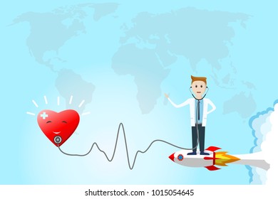 The doctor is standing on rocket and is examining the heart by stethoscope,on world map background.Fast patient treatment concept and interconnected medical system worldwide.vector illustration.