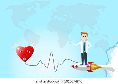 The doctor is standing on rocket and is examining the heart by stethoscope,on world map background.Fast patient treatment concept and interconnected medical system worldwide.vector illustration.