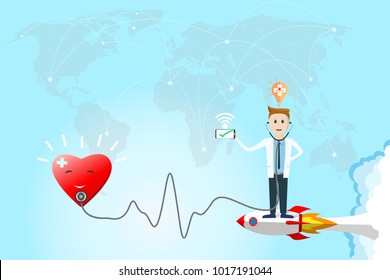 Doctor is standing on rocket launch and is examining the heart by stethoscope,on world map background.Fast patient treatment concept and interconnected medical system worldwide.vector illustration