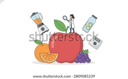 Doctor standing on top of a large red apple holding a magnifying glass surrounded by fresh fruit and healthy kitchen equipment for nutrition.