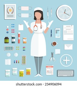 Doctor Standing Ready to Work with Pills Medications Bottles and Tools. Medicine flat style illustration with a nurse. Vector EPS10.