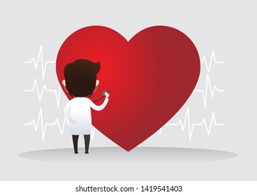 Doctor standing with sign of heartbeat. Health concept. Vector illustration.