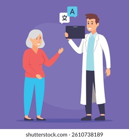 Doctor standing smiling while using tablet to communicate with elderly woman. Patient engaged and curious about t information displayed on screen