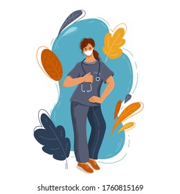 Doctor standing with stethoscope on natural background. Medical character. Medicine and health care. Hospital staff. Flat style vector illustration.