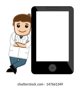 Doctor Standing with Tablet Device - Office Cartoon Characters