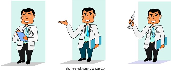 Doctor standing taking notes on auscultation and medical equipment Flat illustration Cartoon illustration vector concept web banner poster design isolated on white background