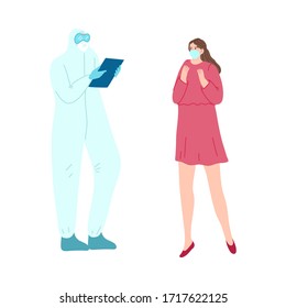 Doctor standing and telling medical reseash results to woman during pandemic