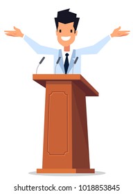 Doctor standings behind the tribune with microphones. Vector character design isolated on white background.