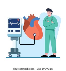 A doctor stands beside a large heart connected to a heart monitor Perfect for healthcare and medical websites