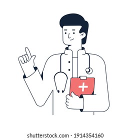 Doctor stands with clipboard in his hand. Man medical worker portrait with pointing gesture. Line vector illustration isolated on white background