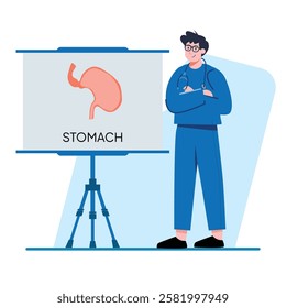 A doctor stands confidently beside a presentation board showing a heart diagram Perfect for medical education and healthcare websites