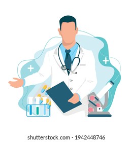The doctor stands and extends a helping hand to patients. Vector illustration with doctor, pills, medical flasks, microscope on an abstract background.
