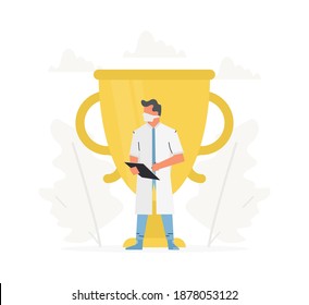 The doctor stands in front of gold trophy cup. Choose best doctor for consultation.