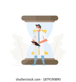 The doctor stands in front of a large hourglass. Ambulance medicine professionals concept vector illustration.