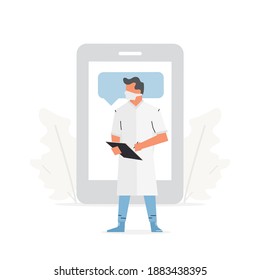 The doctor stands in front of a large phone. Online medical consultation and health app concept vector illustration.